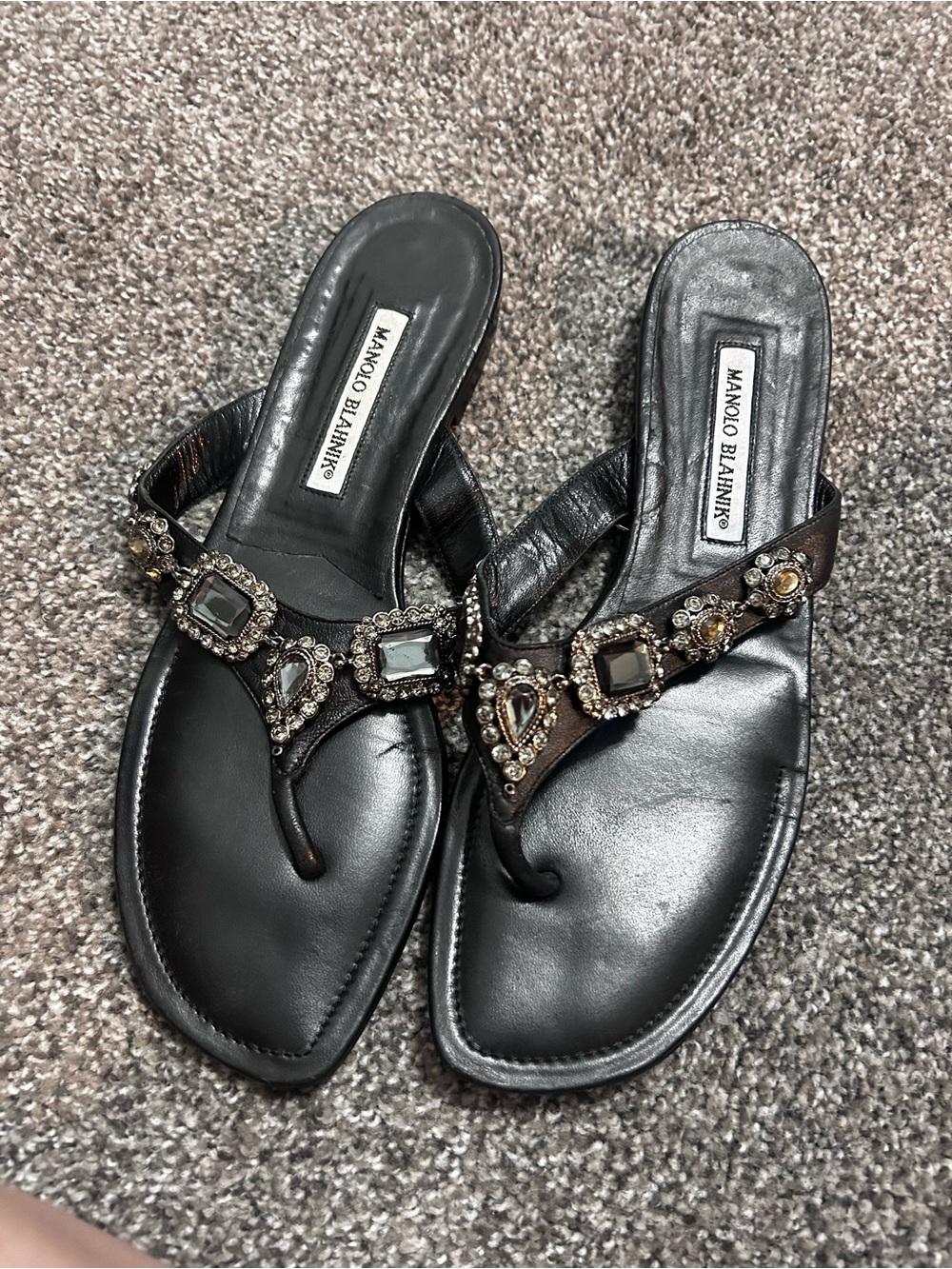 Manolo Blahnik Cesabi Embellished Thong Flat Sandals in Black